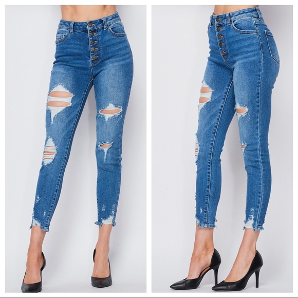 #08 - 80’S Chic 5 Button closure distressed skinny jeans - Picture 3 of 7